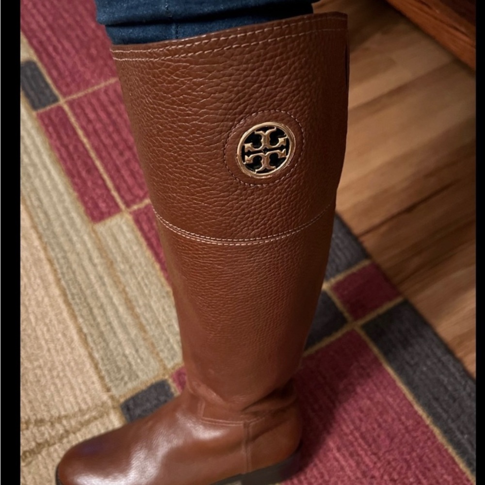 Tory Burch brown knee high boots, inside zip, gold-toned logo